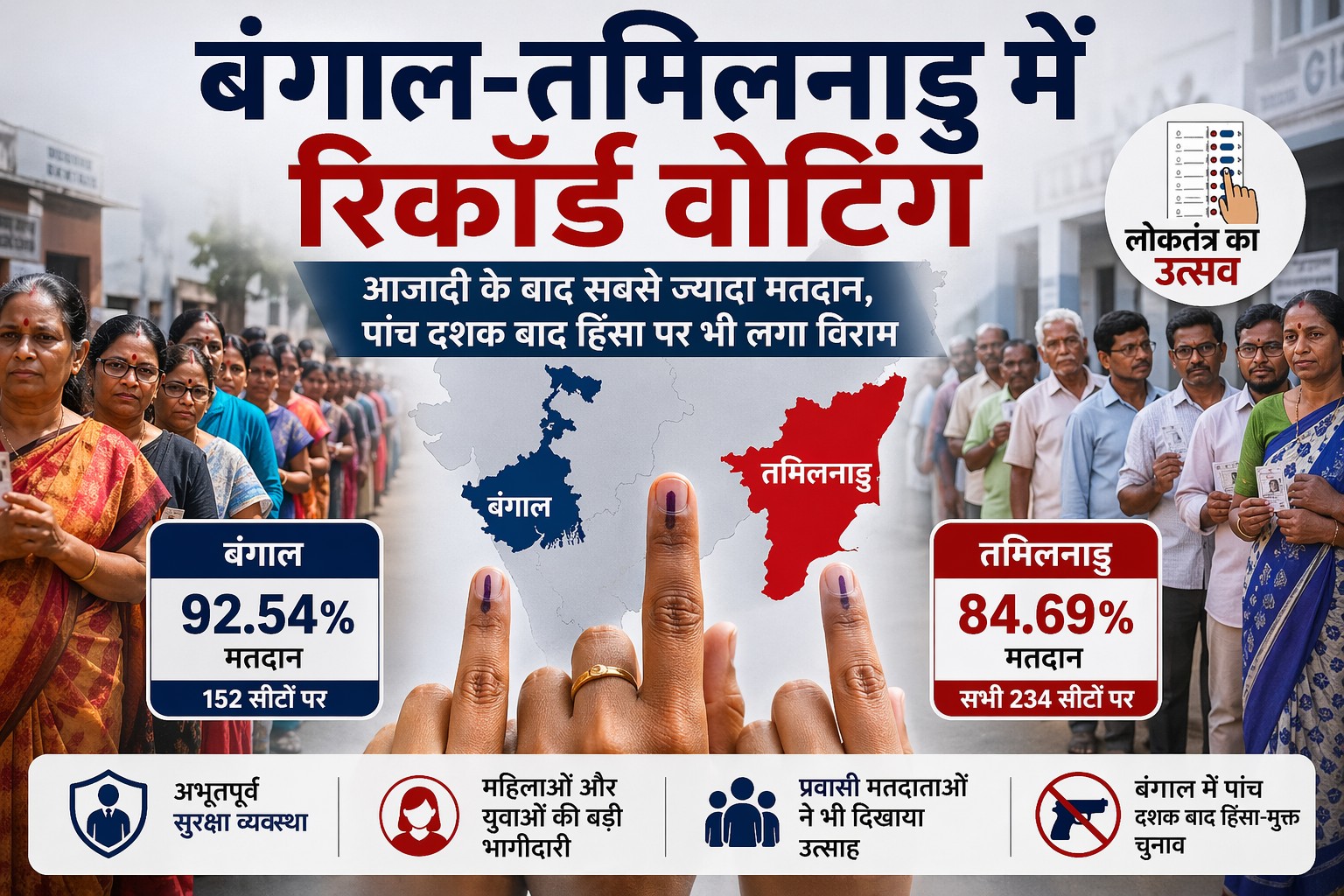 बंगाल और तमिलनाडु में रिकॉर्ड मतदान